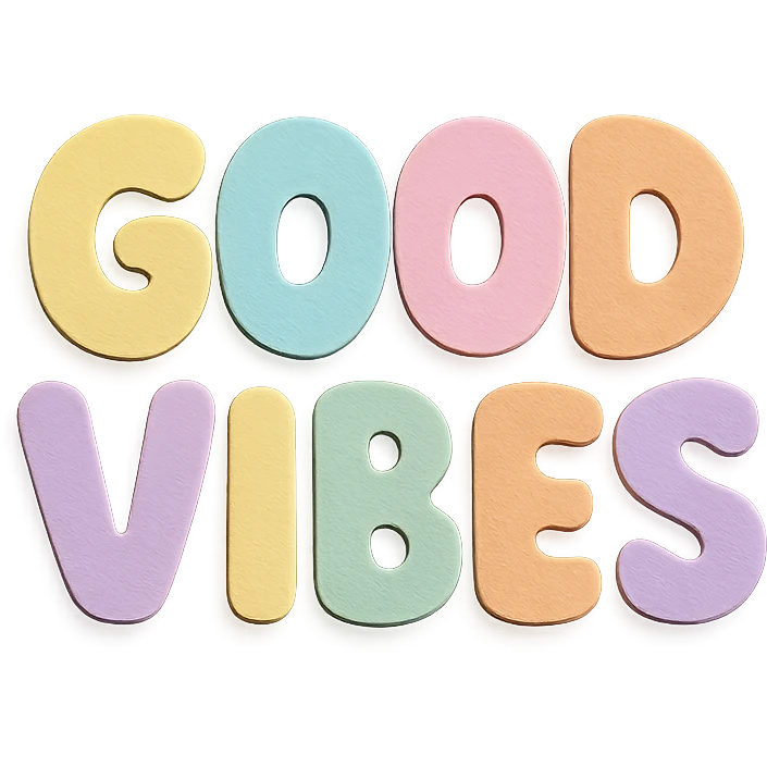 chubby hand-drawn 'Good Vibes' lettering in soft pastel rainbow colors, kawaii style, high resolution, no outline, sticker design emoji