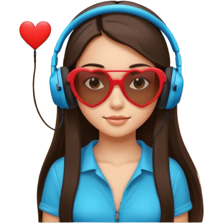 brunette girl long straight hair heart-shaped sunglasses headphones on sand emoji