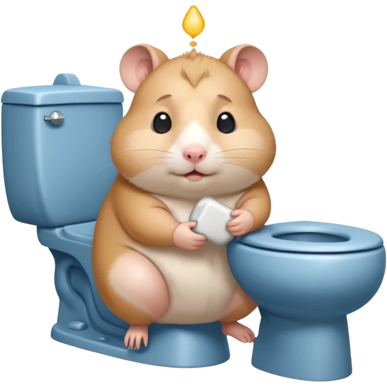 Cute chubby cartoon-style hamster sitting on toilet pooping looking as if he had an accident emoji