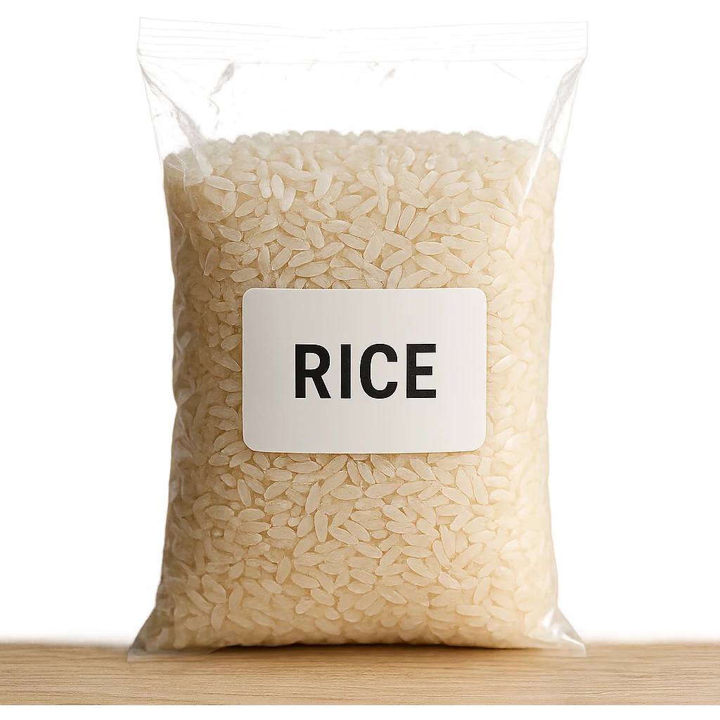 photo realistic transparent bag with rice grains, visible label emoji