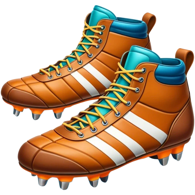 Cinematic Realistic image of a pair of rugby boots, showcasing sturdy leather construction, detailed cleat patterns and textured surfaces, illuminated by vibrant outdoor lighting that captures their athletic purpose emoji