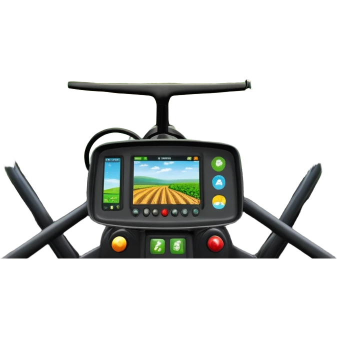 a view from the tractor cabin, with the dashboard in focus, overlooking a vibrant rural landscape. Inspired by Farming Simulator 22, the scene includes fields, crops, and distant barns under a bright sky. The design highlights the immersive experience of farm management. transparent background emoji