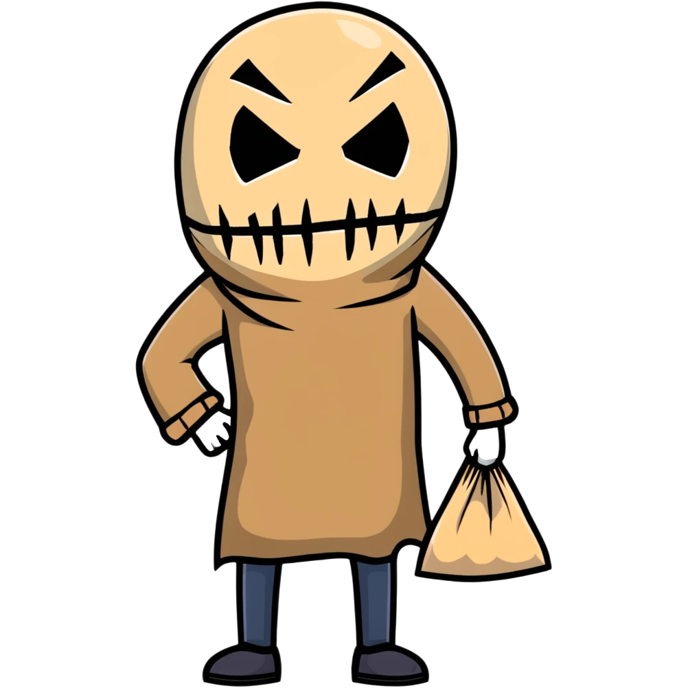 horror character with torn burlap sack mask, full body, spooky, ominous posture emoji