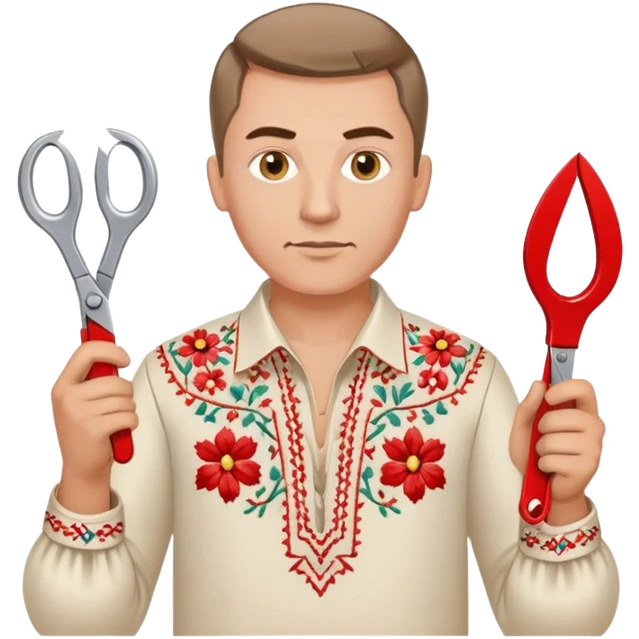 Ukrainian man in traditional vyshyvanka embroidered shirt holding red scissors in one hand and a spanner in the other hand emoji
