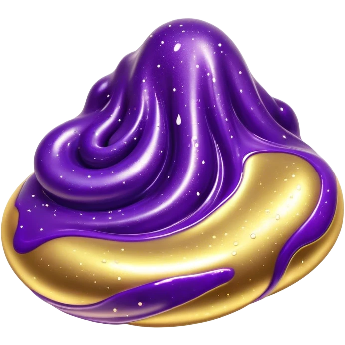 Cinematic Realistic Shiny Slime Mixed with Glitter, thick and glossy with swirling metallic flecks suspended inside, a dynamic mix of deep purple and golden sparkles, light catching every shimmer, flowing smoothly with realistic folds and ripples, glowing with an enchanting, almost liquid-metal effect. emoji