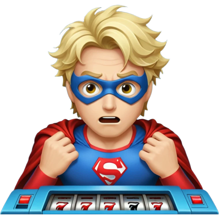 disheveled super hero losing money at a slot machine, panicked face, coins flying emoji