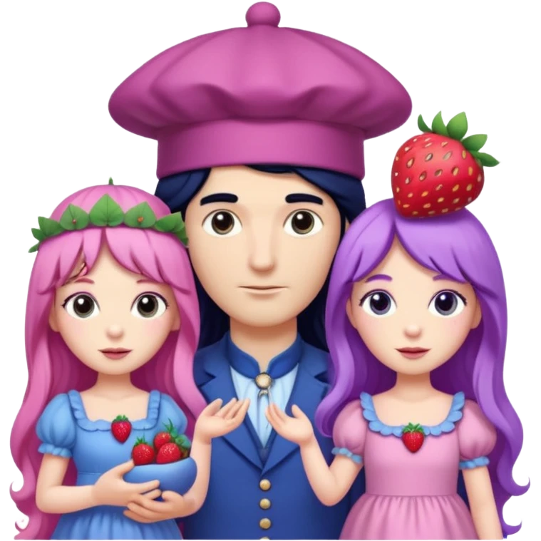 pale blueberry prince man Handsome with long black hair blueberry hat and clothes. He is standing  next to pale strawberry princess woman with strawberry hat eyelashes long pink hair and Pink strawberry dress with purple grape baby emoji