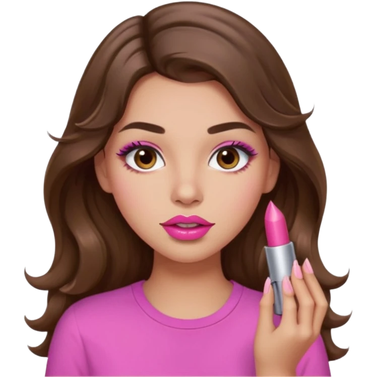 girl with long wavy brown hair, brown eyes, light to medium complexion, in a pink shirt, pink lips, long lashes, puckered lips, putting on lipstick emoji