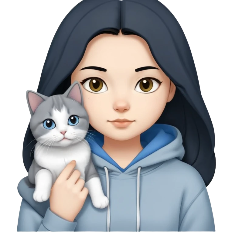 Girl with black hair in gray hoodie with a British shorthair blue and white cat and a long-haired blue and white cat emoji