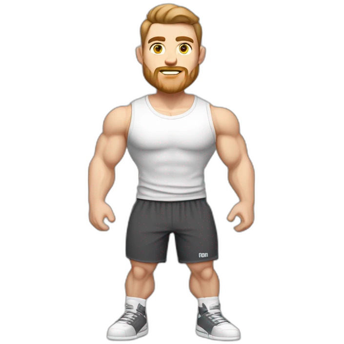 Full height Pale skinned muscular man With Realistic eyes and mouth, light brown hair and stubble In dark gray sleeveless mike, black oversize sports shorts, watch and white sneakers. emoji