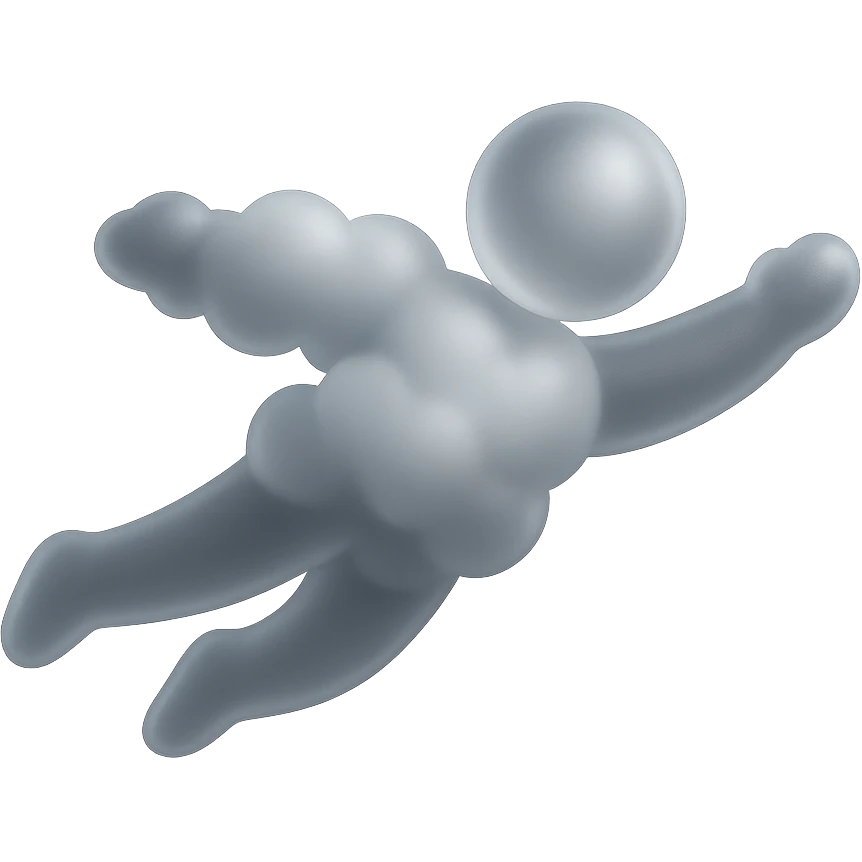 minimalist flying person composed of white fluffy clouds, matte glass style, no background emoji