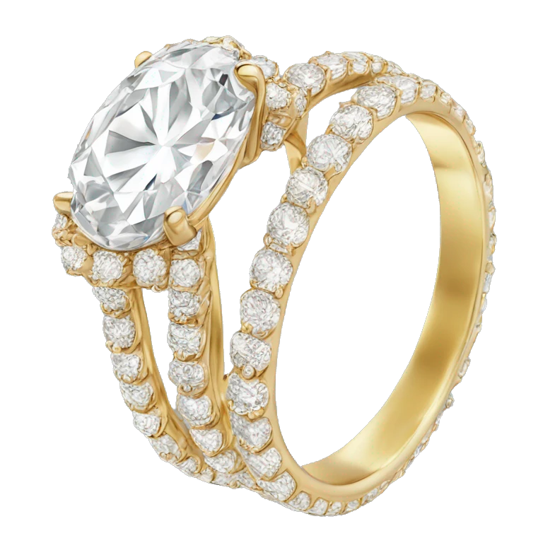 Oval cut diamond ring with lots of diamonds on gold band emoji