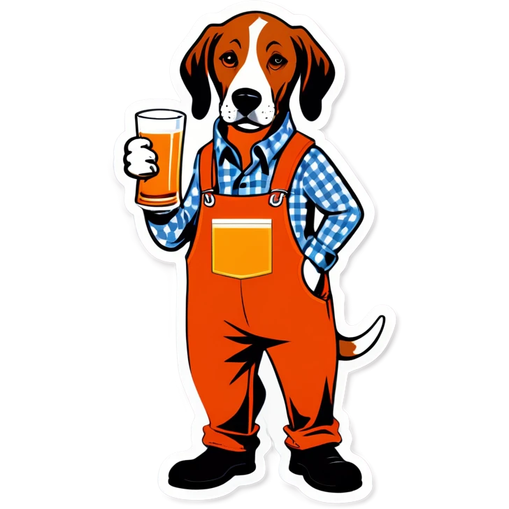 Hound dog in tangerine and white checkered overalls drinking whiskey emoji