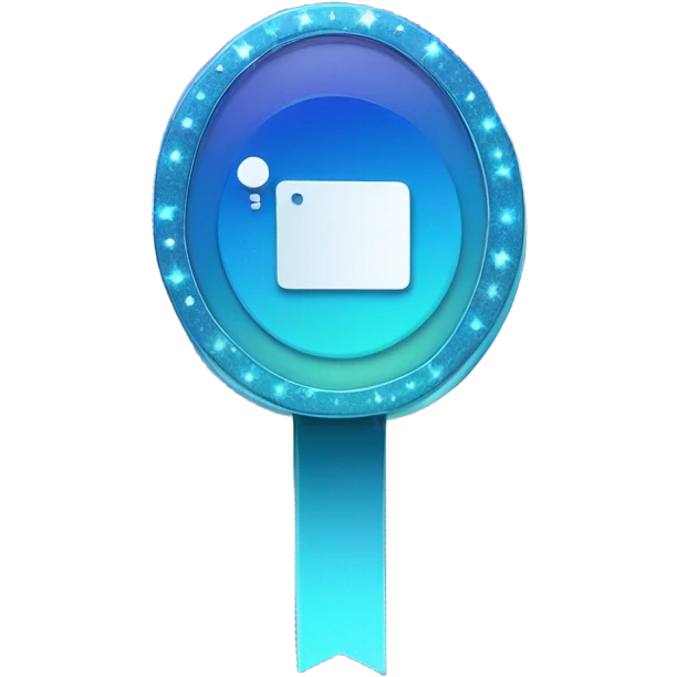 An elegant badge icon shaped like a news banner, with a gradient blue background, subtle sparkles, and a small microphone symbol to represent a fresh start for new members emoji