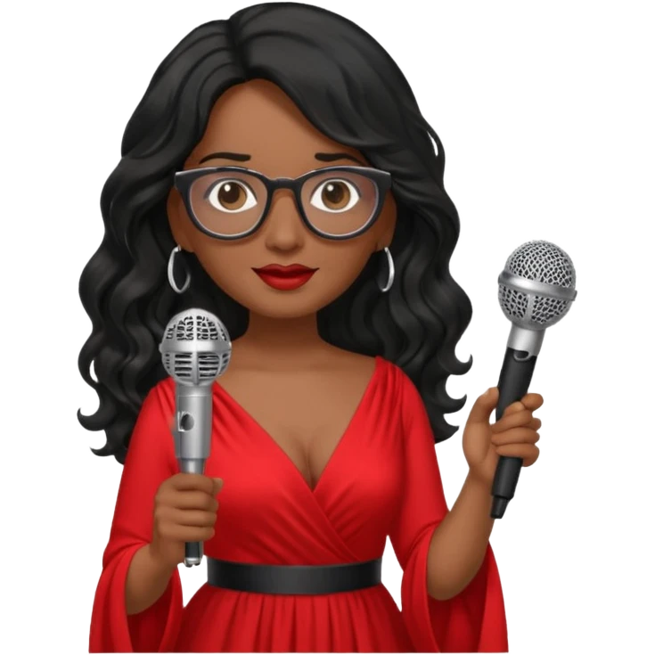 singer, Middle age, long wavy black hair, brown skin, wearing dress, holding mic, glasses emoji