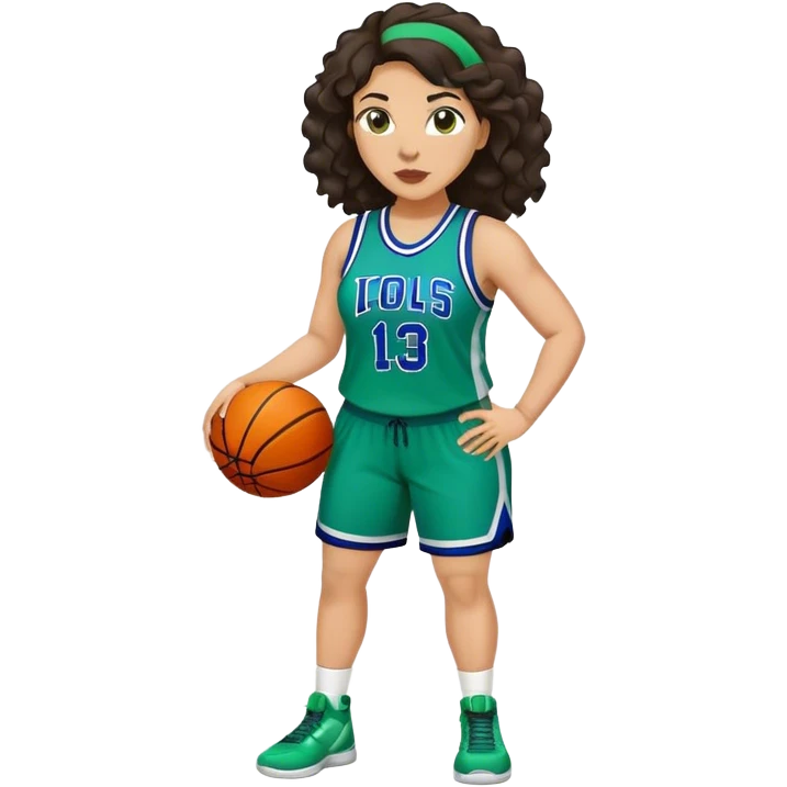full body plus size light skin latino women basketball player with wavy dark hair large widenose wearing blue and green uniform emoji