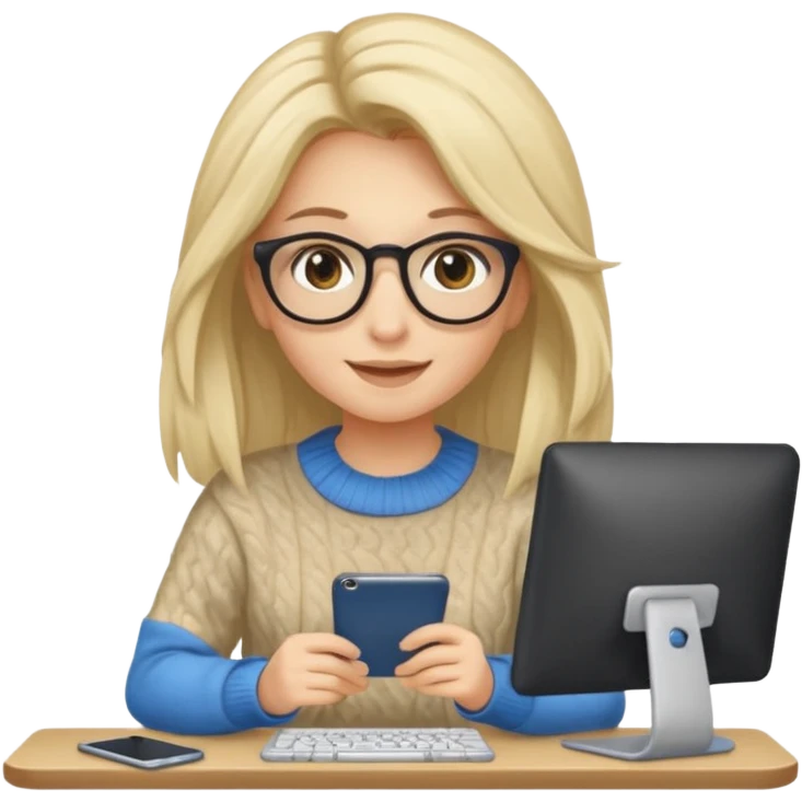 ragazza bionda sorridente con capelli molto lunghi, con occhiali tartarugati, occhi azzurri, con maglione beige, seduti alla scrivania che lavora al pc emoji
