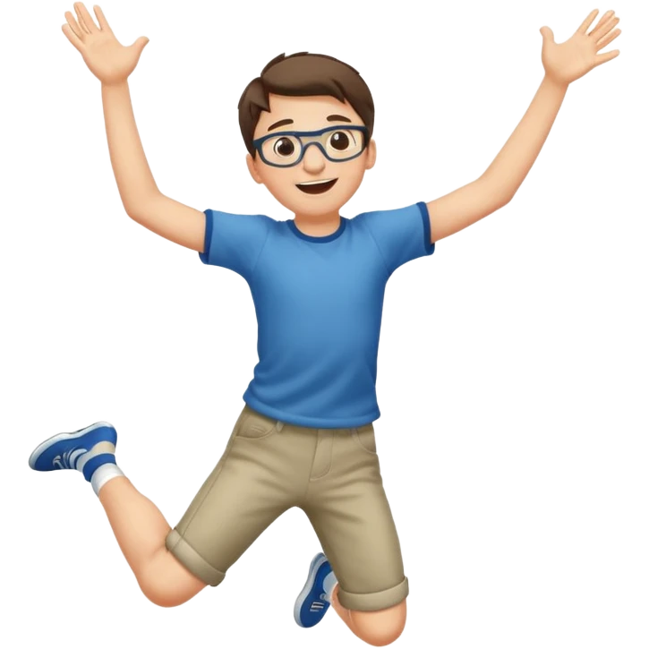 Very excited boy, jumping for joy, full body, eyes closed, wearing glasses emoji