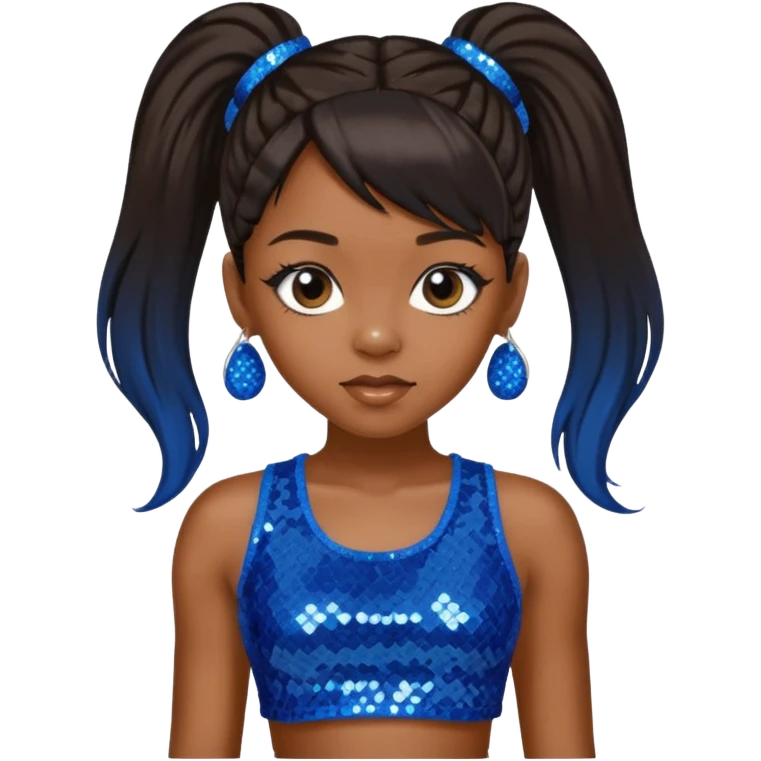 Left Eye from TLC with long dark brown ponytail hair, blue sequin crop top and pants emoji