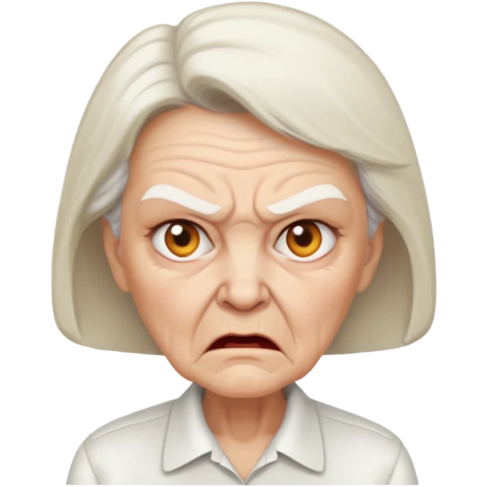 a portrait of angry elderly woman, wearing shirt emoji
