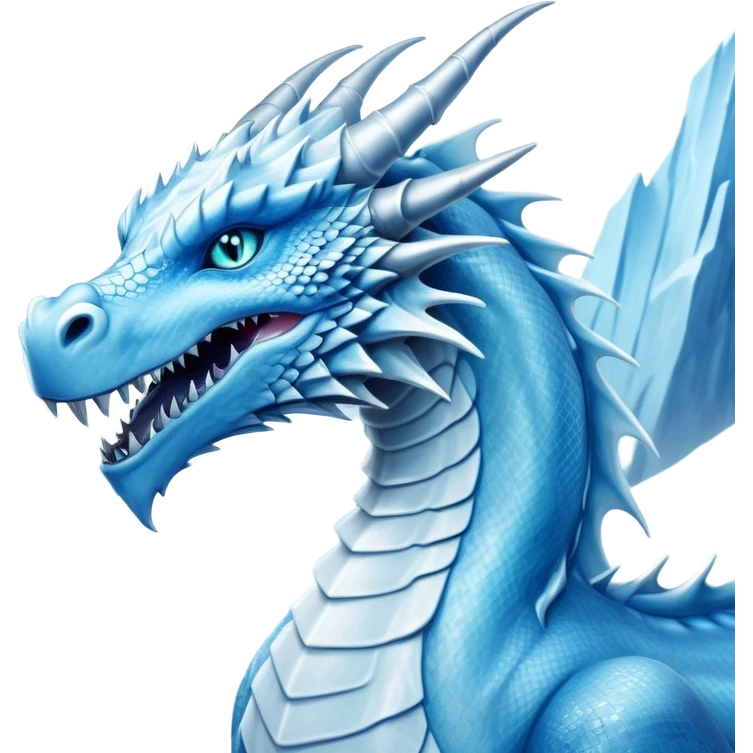 Cinematic Noble elegant Ice Dragon Portrait Emoji, Poised and imposing, distinct long elegant snout, with a slender, scaled body shimmering in glacial hues of icy blue, frostbitten silver, and crystalline white, breathing out frost, with piercing, glowing ice blue white eyes that radiate the chilling depths of an arctic storm; rendered in detail. excuding wisdom emoji