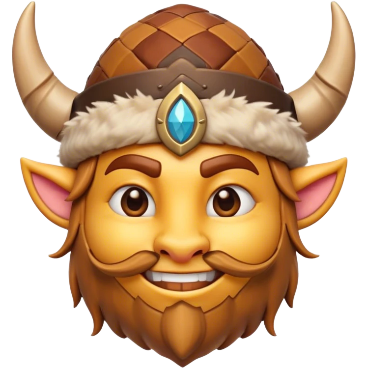 Cinematic Playful Barbarian Portrait Emoji, Head tilted with a cheeky grin and lively eyes, featuring a compact, stylized build in patchwork furs and a whimsical horned cap, Simplified yet irresistibly charming features, highly detailed, glowing with a warm, inviting glow, high shine, energetic and endearing, stylized with a touch of whimsical medieval mischief, soft glowing outline, capturing the essence of a playful barbarian that exudes friendly bravery! emoji