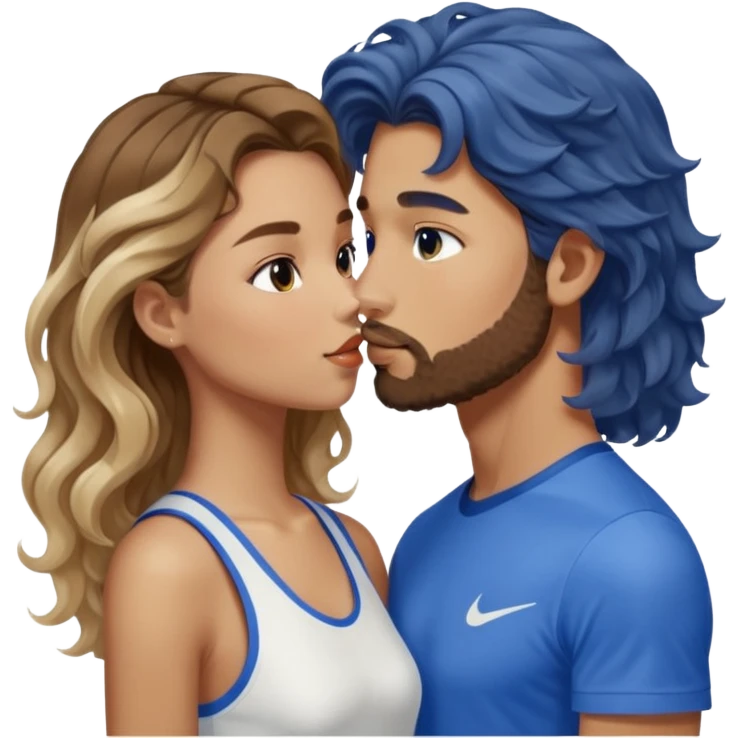 A girl with very long  balayage brown & blond curls kissing a boy with brown hair and a short beard. She wears a very elegant dress in white and he wears a blue sports shirt from nike emoji