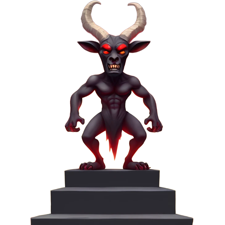Evil Goatman male Devil sinister with red tipped horns standing with goat hind legs on pyramidal pillar  aura of darkness he is commanding sinister evil power emoji