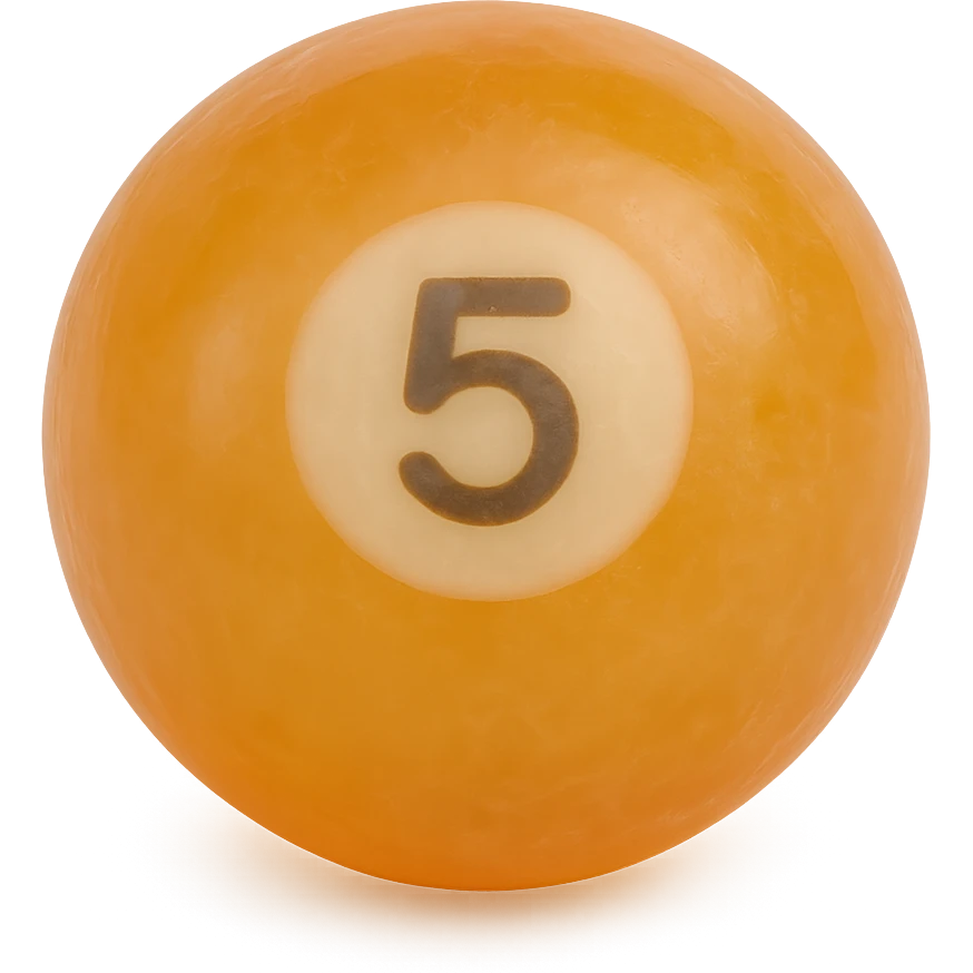pool billiards 5-ball, retro 90's toy style, very transparent, slightly see-through, orange with white circle and number 5, soft plastic texture, soft reflections, soft and squishy, some cloudiness, not shiny, highly detailed, appealing, no tag, no background emoji