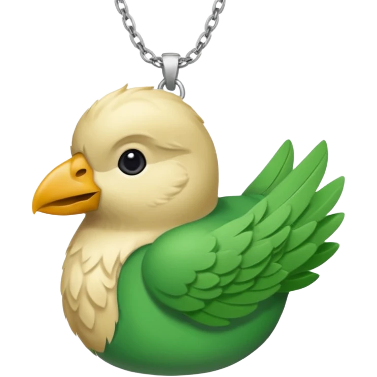 un oiseau classique de profil tout vert avec un collier autour de son cou avec des breloque argentées et un seul poil blond qui fait une petite bouclette sur le front le collier est autour du coup de l’oiseau entre la tête et le corps emoji