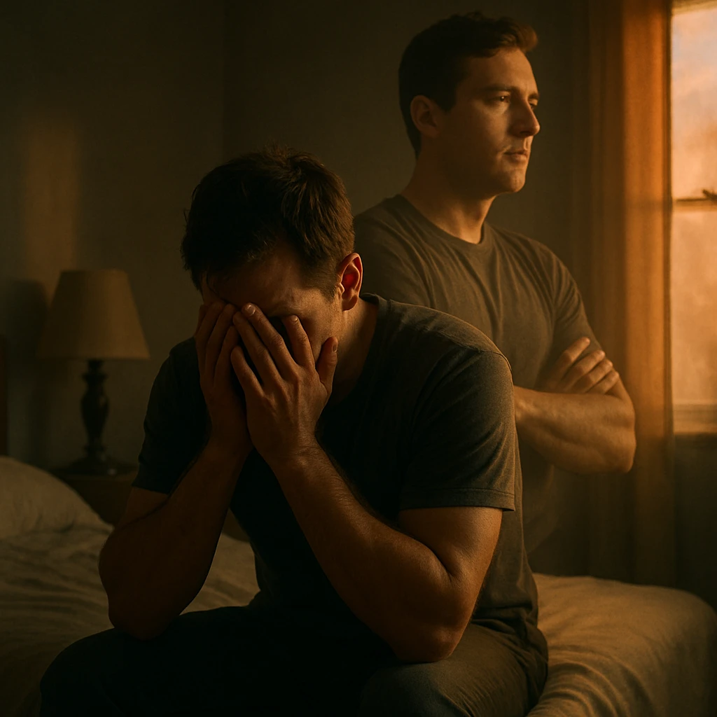 A man sitting on the edge of his bed at dawn, head in hands, with a ghostly double exposure of a more confident version of himself in the background, representing a 'what if' after a diagnosis. Cinematic, emotional realism, symbolic duality, soft lighting, hyperrealistic 4K. emoji