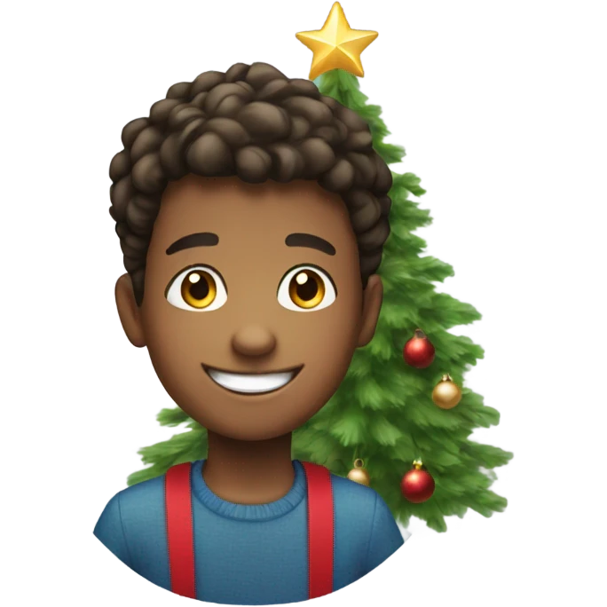 smiling boy near christmas tree emoji
