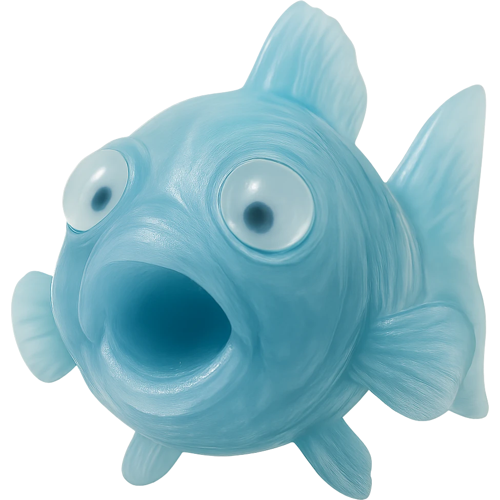 Make the fish even more transparent, with eyes going in different directions, keeping the clear bright blue color, hyper-detailed soft plastic 90's toy look, soft reflections, soft and squishy, some cloudiness, not shiny, hyper-realistic, retro, highly detailed, appealing. Remove the background. emoji