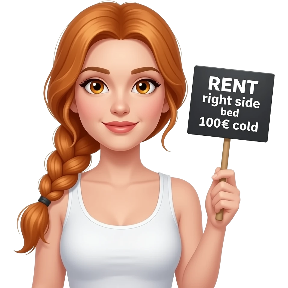sexy girl with long ginger braids and ginger eyes wearing a white tanktop is holding a black sign with VERMIETE rechte BETTSEITE 100€ kalt written on it emoji