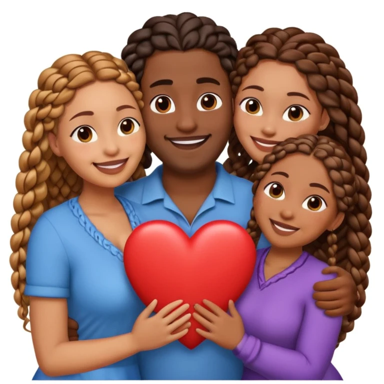 A throuple, with one tall large brown skinned black man with a low cut, a brown skinned large woman with long hair, and a brown skinned woman with braids, embracing each other, heart emoji emoji