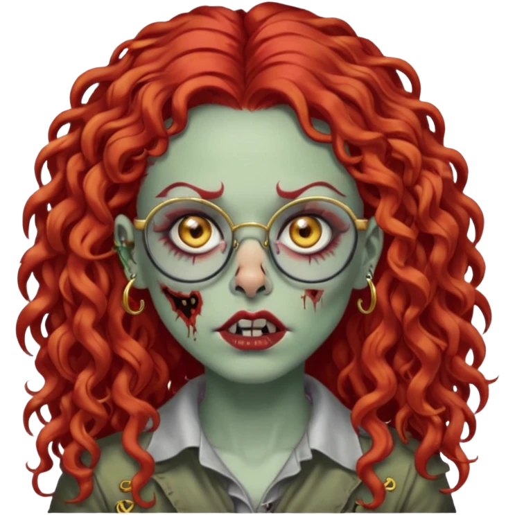 zombie with long red curly hair, thick lashes, black glasses, gold nose piercings on each side of her nose, and a gold eyebrow piercing. emoji