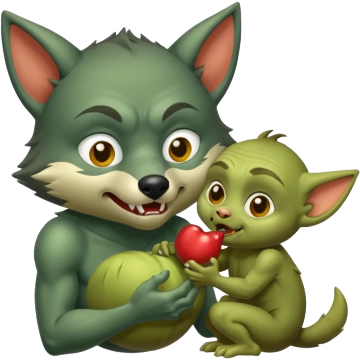 A little wolf sucking on the nipple of a little goblin  emoji