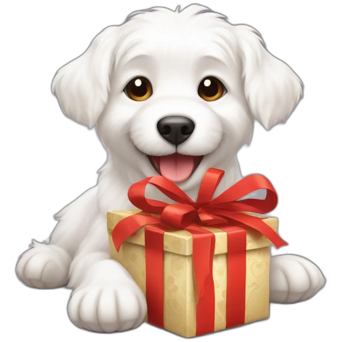 furry white happy dog with present emoji