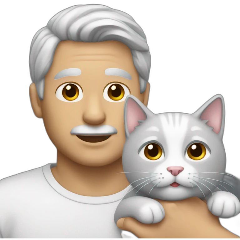 Man withe gray hair without beard with a white cat in his hand emoji