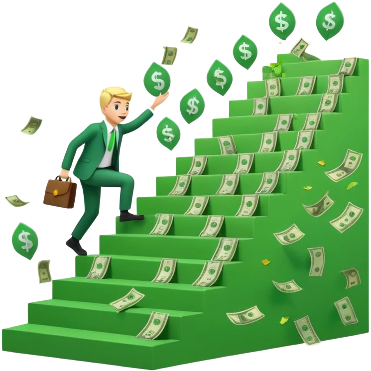 Emoji-style 3D illustration of a person climbing stairs made of money labeled “$10K” and “$20K”, with confetti and upward green arrows, bright optimistic lighting emoji