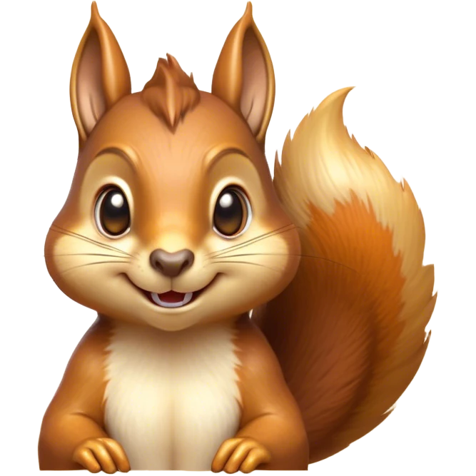 Cinematic Cheeky Squirrel Portrait Emoji, Head cocked to one side with a cheeky smirk and sparkling, impish eyes, featuring a compact, agile form with a luxuriously bushy tail and perky ears, Simplified yet remarkably expressive features, highly detailed, glowing with a playful, golden glow, high shine, mischievous and lively, stylized with an air of woodland naughtiness, soft glowing outline, capturing the essence of a cheeky squirrel that seems poised to leap out of the screen with a fun-loving attitude! emoji