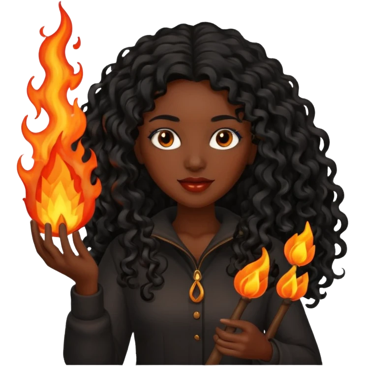 Dark curly long haired woman with fire in her hands emoji