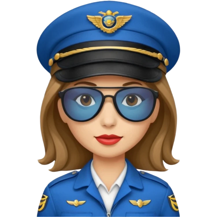 pilote d'avion femme cheveux brun clair avec sunglasses noires et chapeau de pilote et uniforme bleu emoji
