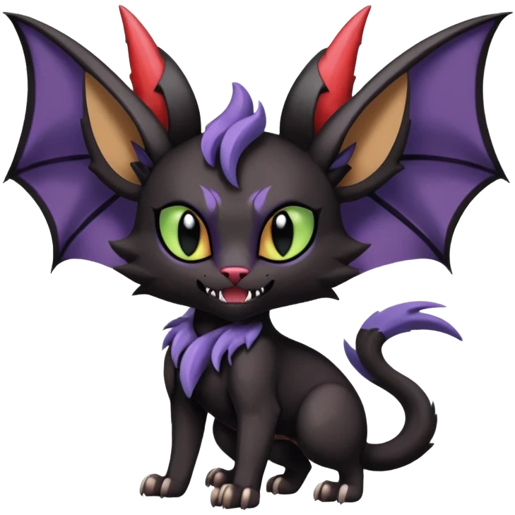 dark spooky badass cool shiny glossy smooth soft Black edgy Noivern-Noibat-Purloin-Torracat-Lykoi-Caracal-cat-Fakemon-fusion-hybrid-creature with bat wings on head as ears, big fangs, gothic markings emoji