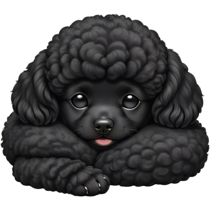Meme-Worthy Cute Sleeping Black Poodle Portrait Emoji, Head resting peacefully with a contented smile, showcasing a delightfully elegant build and a luxuriously soft, curly jet-black Fur, eyes shut in a serene nap, Simplified yet hilariously adorable features, highly detailed, glowing with a soft, drowsy light, high shine, relaxed and utterly lovable, stylized with an air of playful laziness, bright and heartwarming, soft glowing outline, capturing the essence of a comically sleepy companion, so meme-worthy it feels like it could instantly become the next viral sensation of adorable slumber! emoji