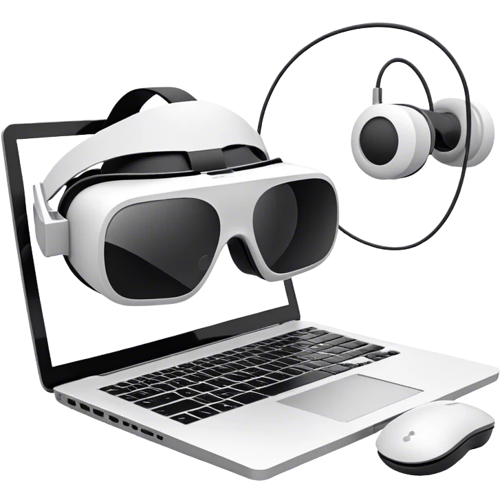 VR headset lying next to a laptop, connected by wires. On the laptop screen a VR/AR modeling soft program is opened. Floating 3D models or virtual objects. Modern, tech-inspired colors. No emojis or smiley faces. Transparent background. emoji