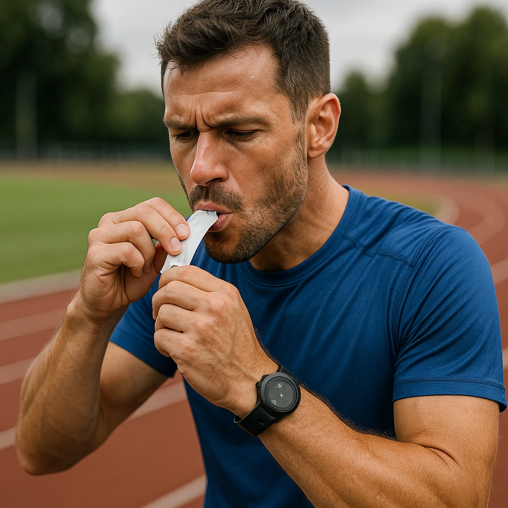 realistic 4K quality image of a sporty man in running clothes taking and quickly consuming a sugar packet during a break, focused expression, athletics track environment emoji