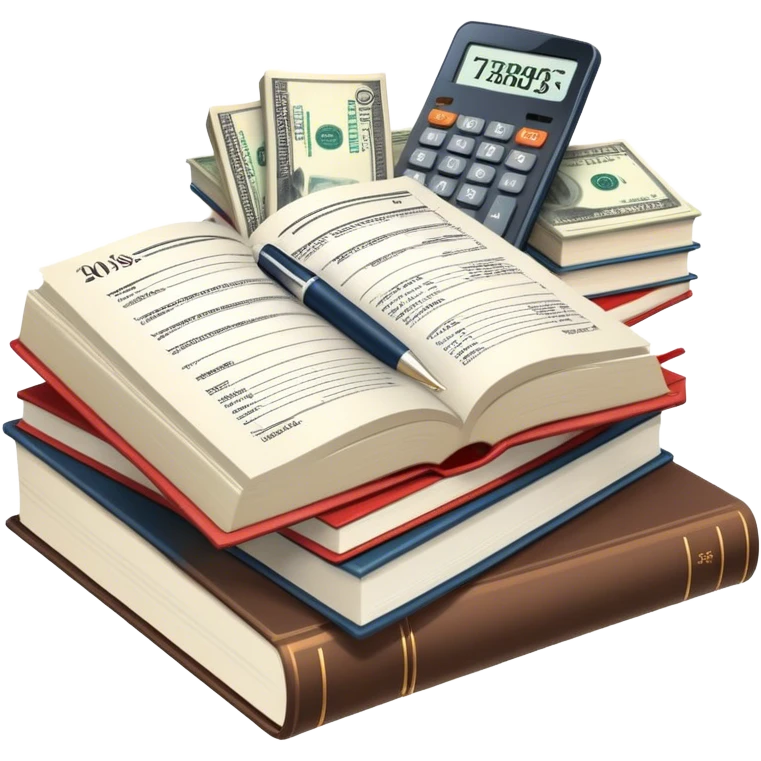 Icon for Business Reading: an open book with graphs, numbers, percentages, formulas, and text on the pages, next to a stack of books, a pile of dollars, a calculator and business magazines like Forbes. Transparent background. emoji