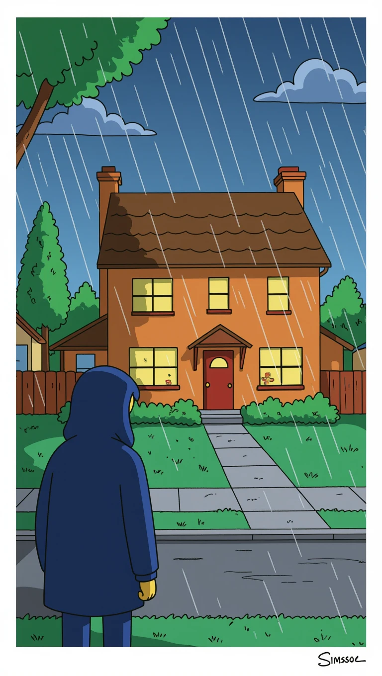 Springfield sous la pluie, la nuit. Une silhouette encapuchonnée observe la maison des Simpson. emoji