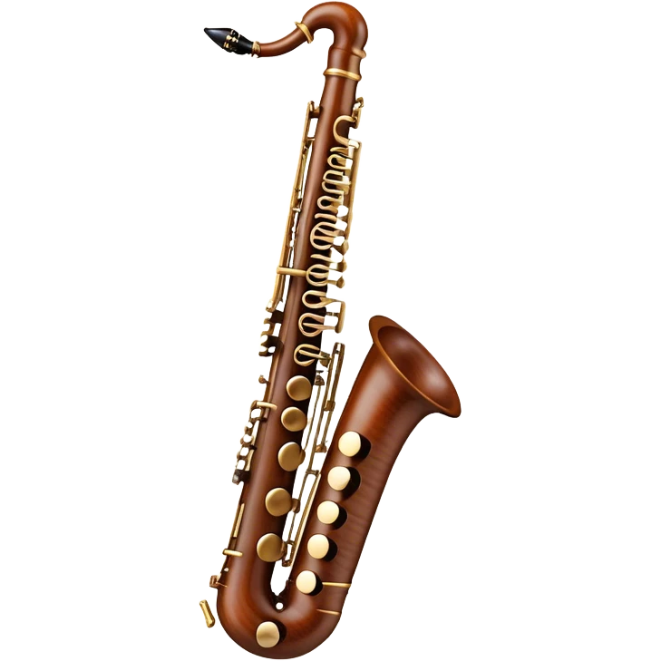 Create an elegant and precise emoji representing the Marigaux oboe. The design should feature the long, slender body of the oboe, with its distinctive keys and polished wood finish. The instrument should have rich, warm tones of wood with subtle metallic accents on the keys, showcasing its high-quality craftsmanship. Add a delicate musical note or soundwave around the oboe to symbolize its melodic and expressive sound. Use earthy tones like rich browns and golds to reflect the traditional and professional nature of the instrument. The background should be transparent. emoji